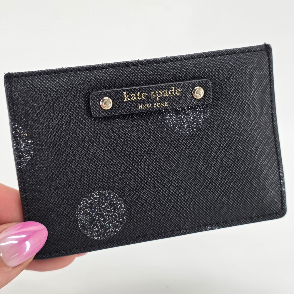 Kate Spade Card Holder Black Glitter Polka Dot Saffiano Slim Wallet Case Girly